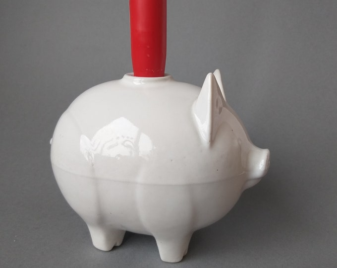 Vintage Stylized White Ceramic Pig Figurine Candlestick Holder. Simple Design. Scandinavian Traditional Nordic Christmas Decoration.