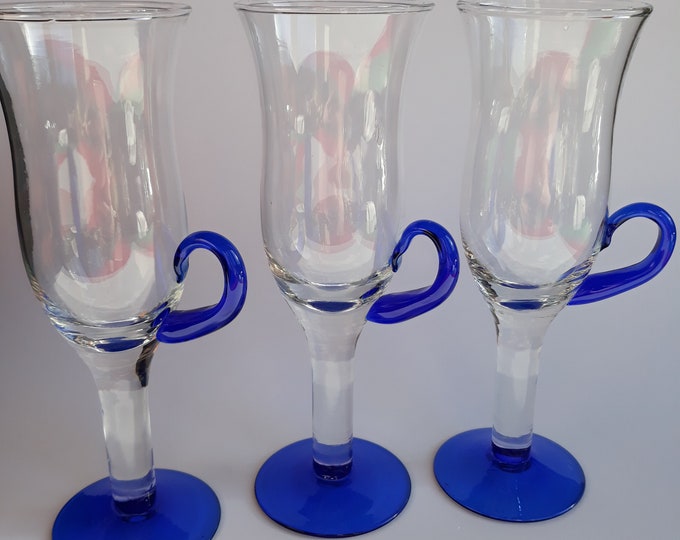 Set of Three Irish Coffee Cups on Feet with Handles. Hand blown Glass. Beautiful Cobalt Blue Glass Accents. Probably of Scandinavian Origin.