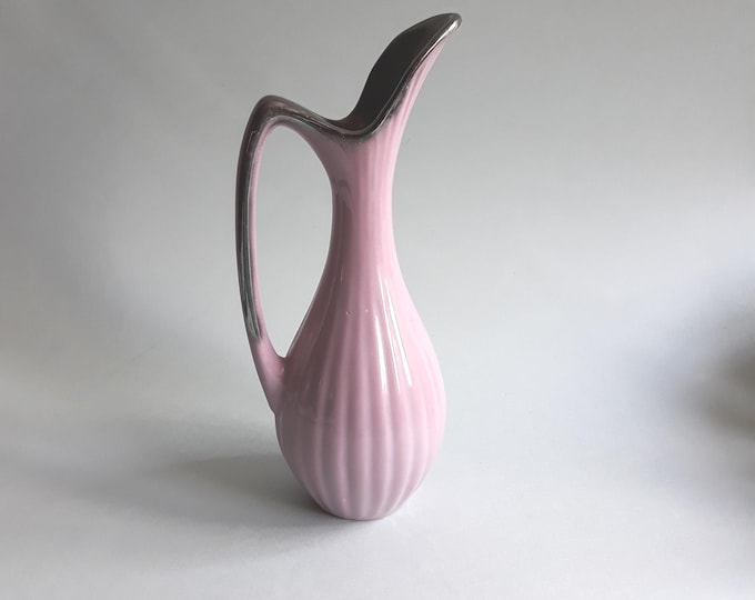 AWF Halden Norway Ceramic Vintage Vase in Mid Century Style. Pinkish Purple Colour and Embellished with Silver Highlights. Lovely Home Decor