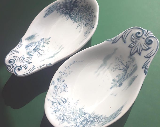 Set of 2 Rorstrand Sweden serving Dishes. Pattern Lilium (1890-1910). Floral Pattern Green Transfer. Marked. Antique Swedish Tableware.