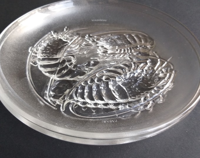 Pair of Vintage Frosted Glass Appetizer Plates. Lobster or Crawfish Design. Marked made in Taiwan. Perfect Glass Plates for serving Seafood
