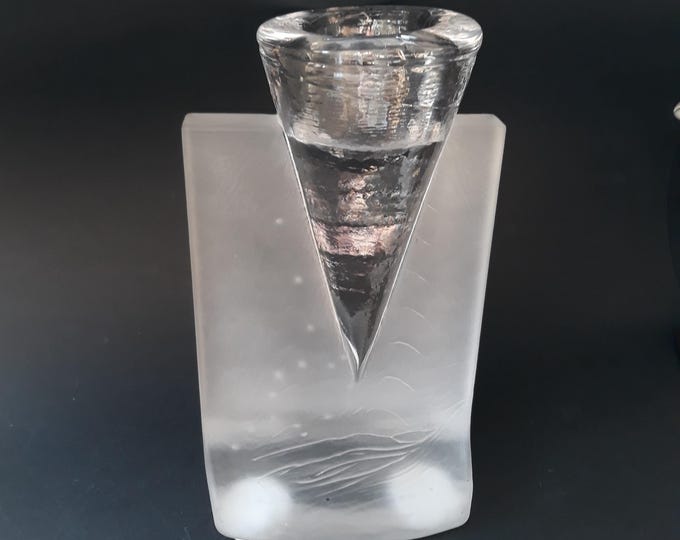 Vintage Kosta Boda Sweden Ice Age Sculptural White Glass Tea Light Candle Holder. Design by Kjell Engman. Scandinavian Modern Glass Art.