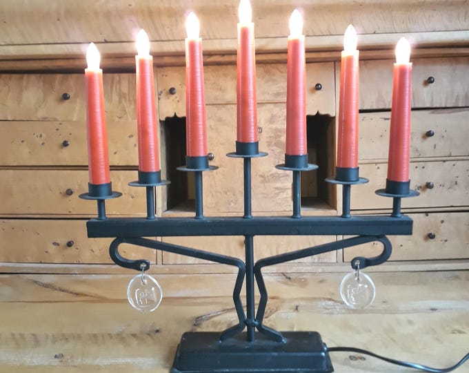 Swedish Christmas Candleholder for Seven Electric Lights in Candle Shape. Black Metal. Erik Hoglund Glass Pendants. Scandinavian Home Decor.