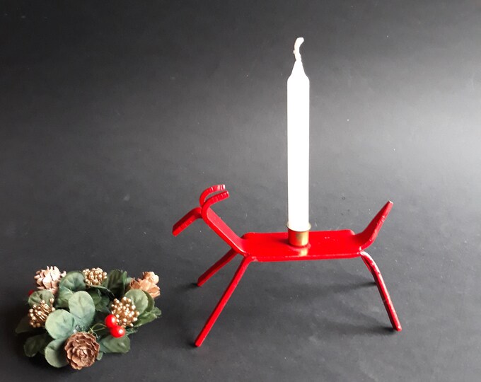Red Metal Stylized Yule Goat Candlestick Holder Sweden. Mid Century Modern Style Swedish Candle Holder. Scandinavian Christmas Home Decor.