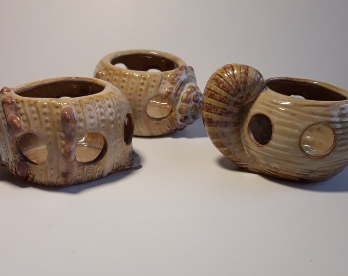 Set of 3 Beautiful Ceramic Hand Made Tea Light Holders, Votives in Shape of Sea Shells in Beige, Brown Colour Tones. Beach Style Home Decor.