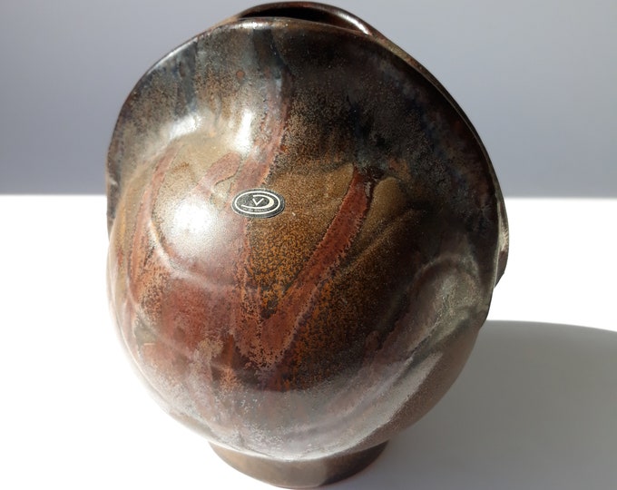 Fritz van Daalen German Studio Ceramic Round Vase. Mixed Brown Tones. Mid Century Modern Style. Original Stickers. Vintage Art Pottery.