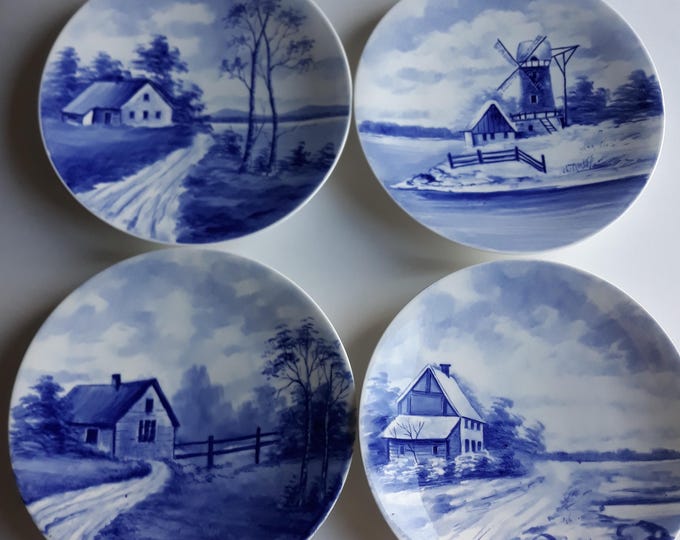 Set of 4 Antique Rorstrand Sweden Decorative Wall Plates. Marking from the 1930s. Ideal for Plate Walls. White, Blue Colour. Landscape Views