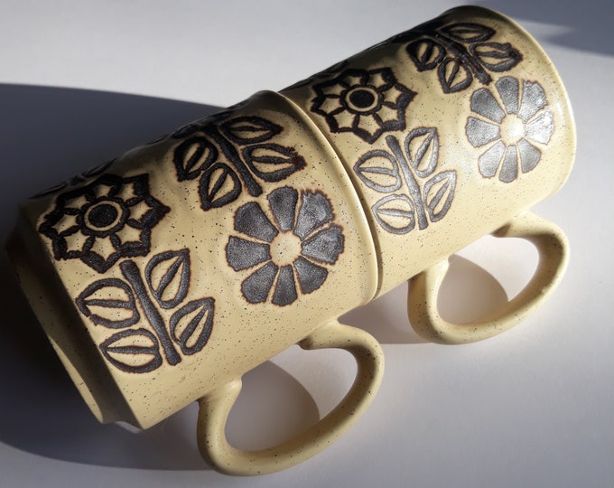 A pair of WP England Vintage Stoneware Matte Beige Mugs with a Brown Stylized Floral Relief Pattern. MCM Retro Pottery.