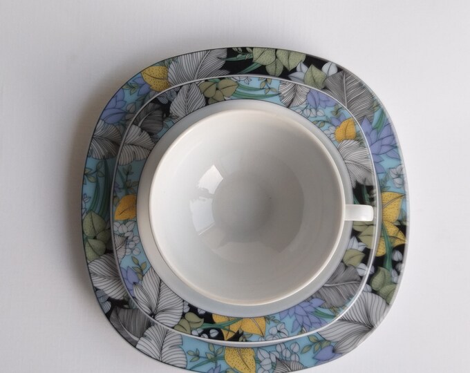 Mitterteich Form 2330 Germany. Set (Demitasse Cup, Saucer and  Dessert Plate). Colour Full Design. Plant Motif. Retro Espresso china Set 80s