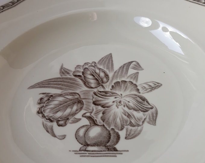 Set of 2 Antique Gefle Sweden Deep Plates. Bone China Plates from 40s. Pattern Mignon. Ecru Colour Brown Floral Motif.  Swedish Porcelain.