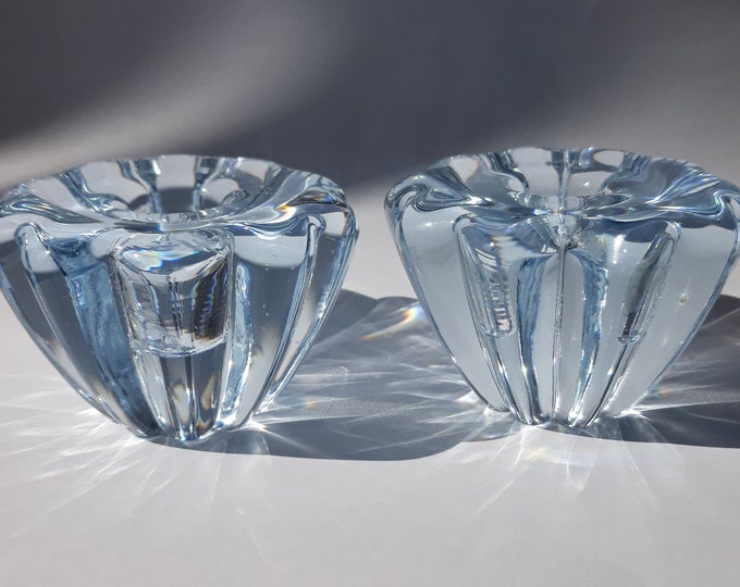 Pair of Large Heavy Orrefors Sweden Crystal Glass Icy Blue Colour Signed Candlestick Holders Stella Polaris. Swedish Vintage MCM Home Decor