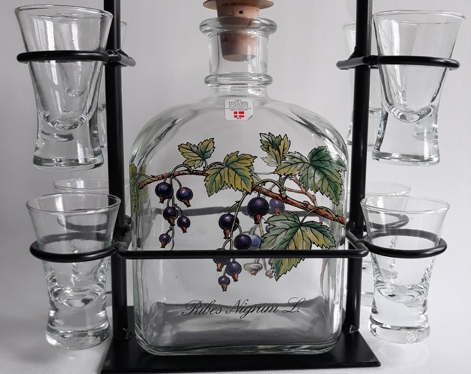 Holmegard Denmark. Glass Decanter Bottle, Ribes Nigrum L. Black Currant Design in Black Metal Glass Carrier with Eight Shott Glases. Retro.