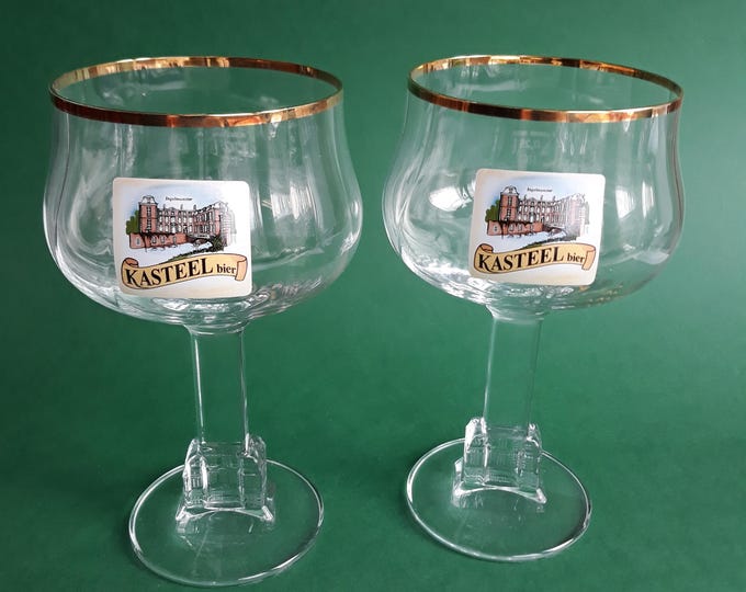 Set of 2 Kasteelbier Belgian Bier footed Glasses designed for Beers with intense Flavour. Chalice by Ritzenhoff Crystal. Gilded Rim.