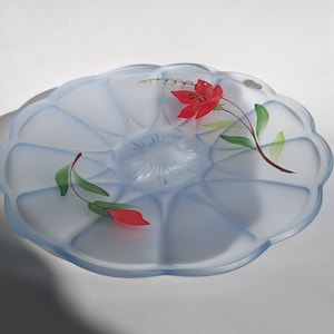 Vintage Åfors Bruk Sweden Light Blue Decorative Frosted Glass Plate with Hand Painted Red Flowers. Beautiful Scalloped Edge. Original Label.