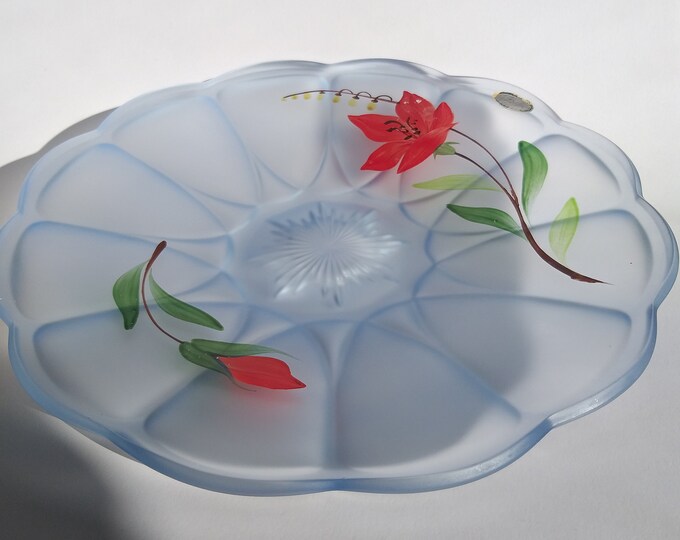 Vintage Åfors Bruk Sweden Light Blue Decorative Frosted Glass Plate with Hand Painted Red Flowers. Beautiful Scalloped Edge. Original Label.