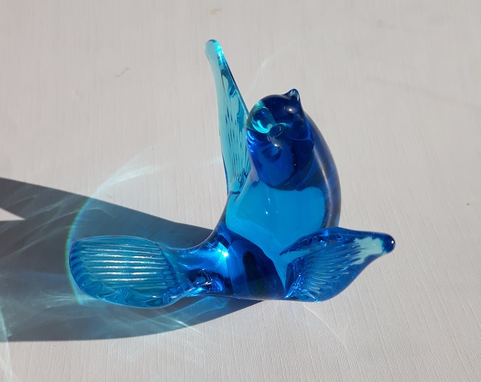 Vintage FM Konstglas Blue Bird of Hapines Art Glass Ronneby. Hand Made in Sweden in 80s. Glass Bird. Bird Figurine -Beautiful Small Present.
