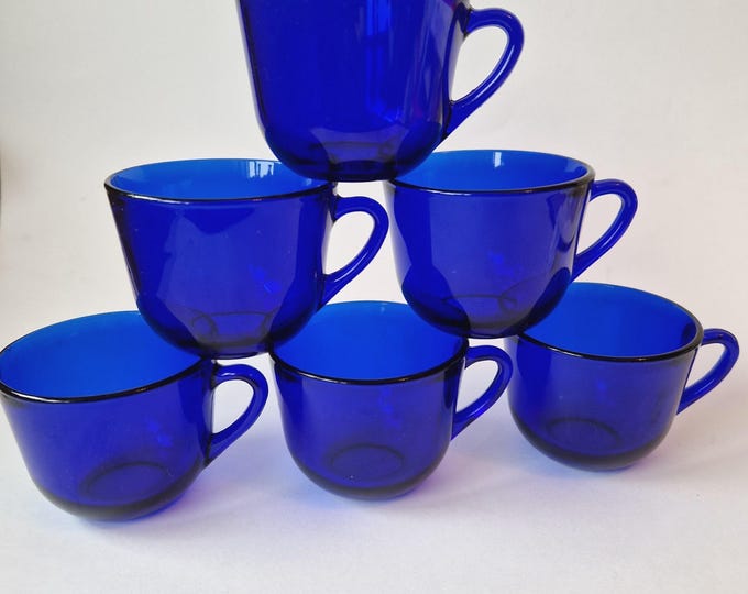 Set of 6 Small Vintage Brazil Cobalt Blue Glass Cups with Handles. Marked on Bottom. Retro Style Tableware.