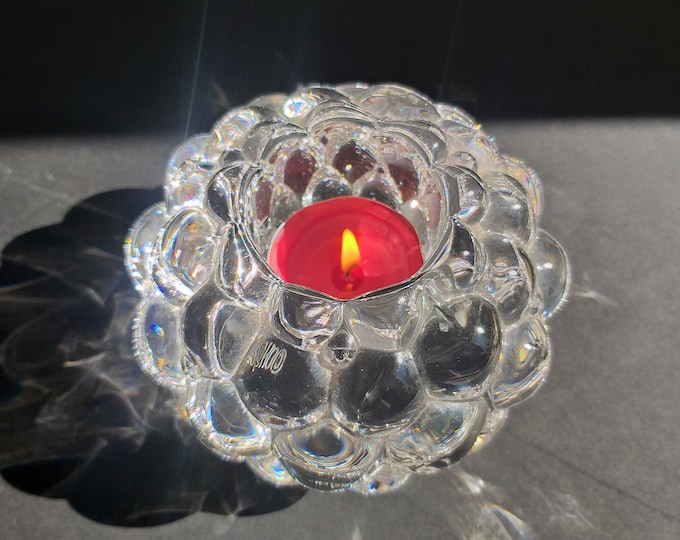 Orrefors Sweden Clear Crystal Glass Raspberry Shape Tealight Holder candle Holder Votive. Design by Anne Nilsson. Scandinavian Glass Design.