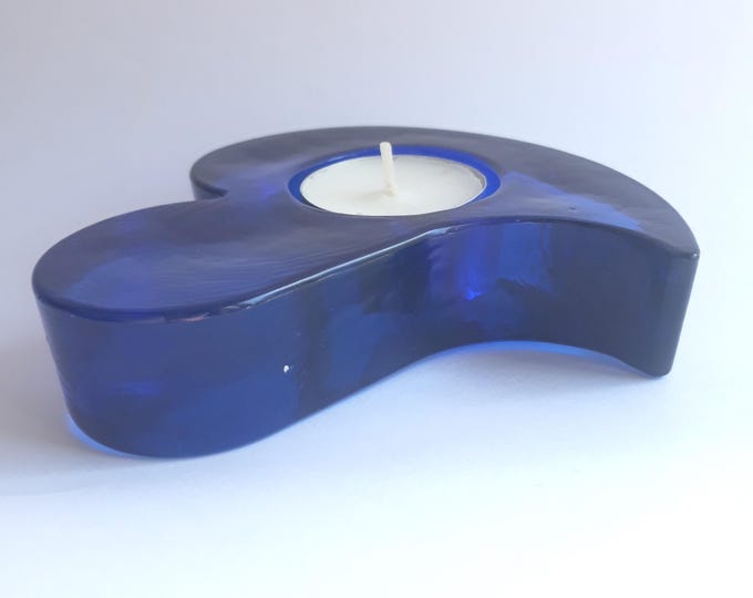 SEA Glasbruk Sweden Dark Blue Colour Crystal Glass Heart Votive Candle Holder. Cute Swedish Design Home Decoration.