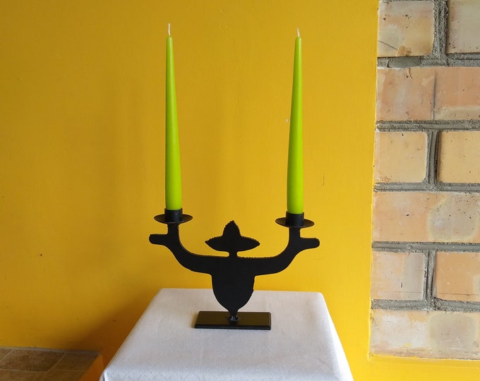 Black Metal Swedish Vintage Two Arm Candlestick Holder. Handmade in Sweden. Scandinavian Metal Design. Table Top Candle Holder. Iron Man.