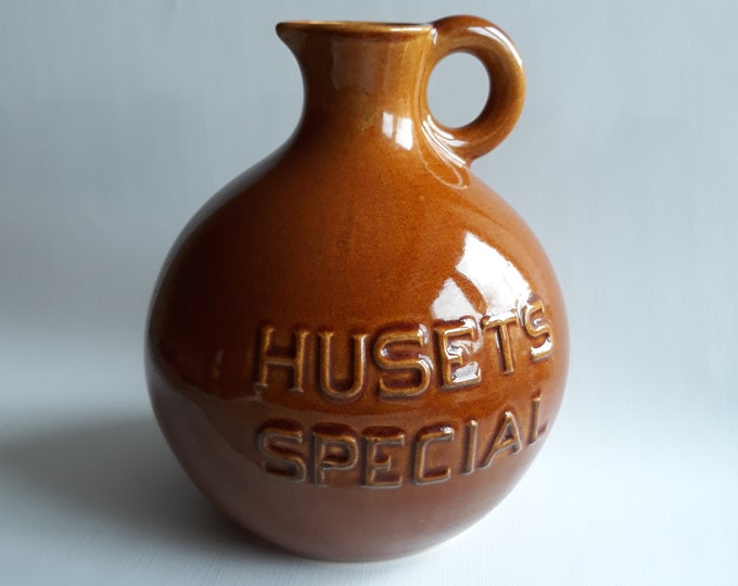 Vintage Danish Ceramic Jar, Crock with Handle. Beautiful Hany Brown Colour Glaze. Inscription - Husets Special (The House's Special).