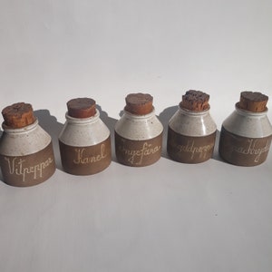 Set of 6 Vintage Swedish Studio Pottery Spice Jars Canisters with Cork Lids. Hand Made in Sweden. Authentic Scandinavian Style.