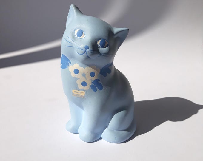 Adorable Guldkroken HJO Sweden Ceramic Cat Figurine in Light Blue Glaze. Original Label. Swedish Vintage Pottery. Retro Home Decoration.