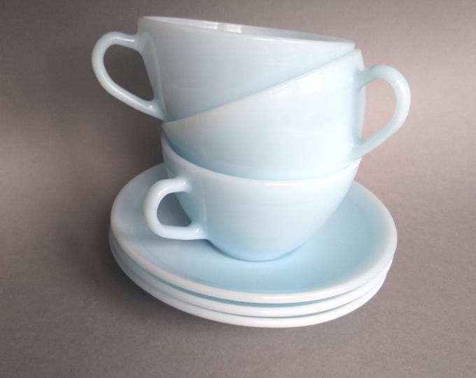 Vintage Duralex Light Blue Opaline Glass Tea Cup with Saucer  from 1960s. Made in France. Quality and Durable Tea or Coffee Set.