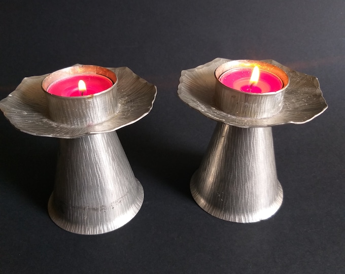 Pair of Swedish Vintage Eric Nilsson Textured Tin Votive Candle Holders. Fully Marked. Original Label. Metal Art Home Decor Made in Sweden.