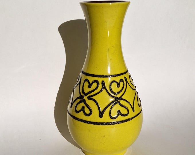 Vintage Strehla Germany Beautiful Yellow Glazed Vase with Lava Decor. Number on Bottom 1044/25. Mid- century German Art Pottery.