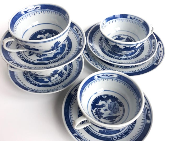 Vintage Chinese Blue White Porcelain Tea Trio or Duo Cup & Saucer. Traditional Chinese Tableware. Scenes of Pagodas in a River Landscape.