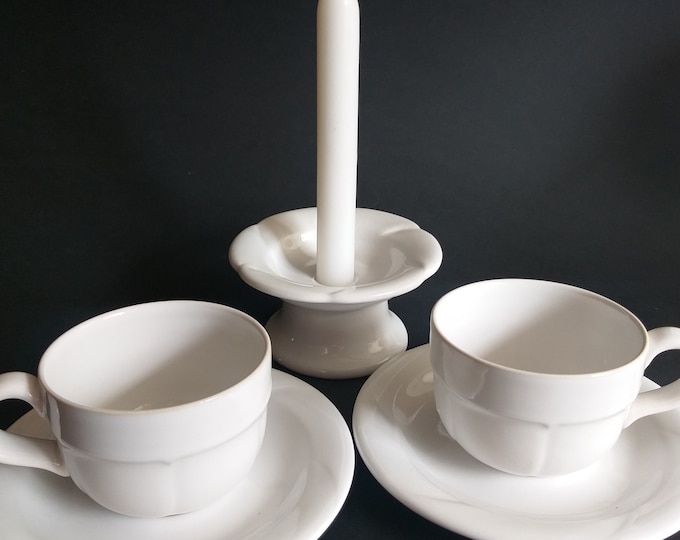Set of 2 Hoganas Stengods Sweden White Glazed Stoneware Coffee Cups and Saucers. Pattern Aptit Vit by Ann Jansson. Swedish Vintage Tableware