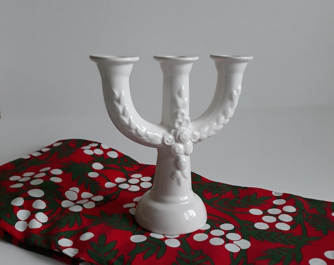 Rosa Ljung Sweden. Three Arm Ceramic Candle Holder Candelabra. Ecru Colour with Rose Flower Relief Decor. Vintage Swedish Pottery.
