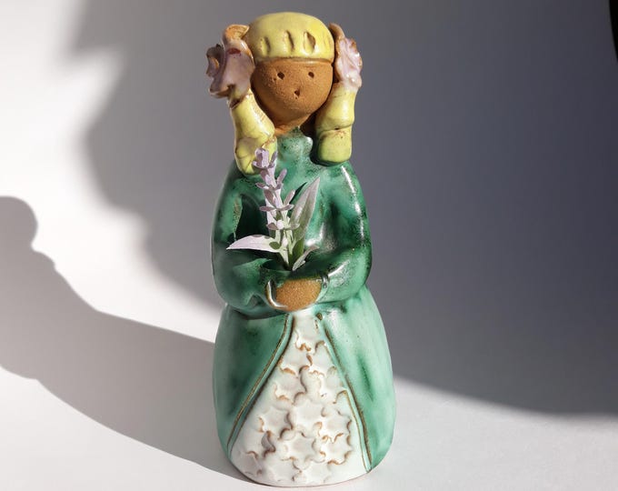 Elbogen Sweden Ceramic Figurine. Blonde Girl in Green Dress. Swedish Vintage Pottery. Hand Made. Signed. Nordic Home Decor. Signed Brit.