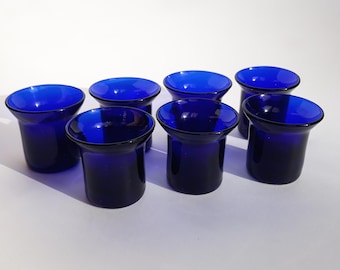 Set of 7 Cobalt Blue Glass Shot Glasses. Cool Set of Schnapps Glasses. Vintage Glassware. Barware.