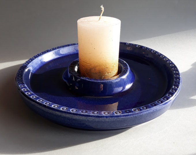 Jie Sweden. Unique Blue Colour Glazed Ceramic Candle Holder for One Big Candle. Ornamented Heavy Ceramic Piece. Vintage Swedish Pottery.