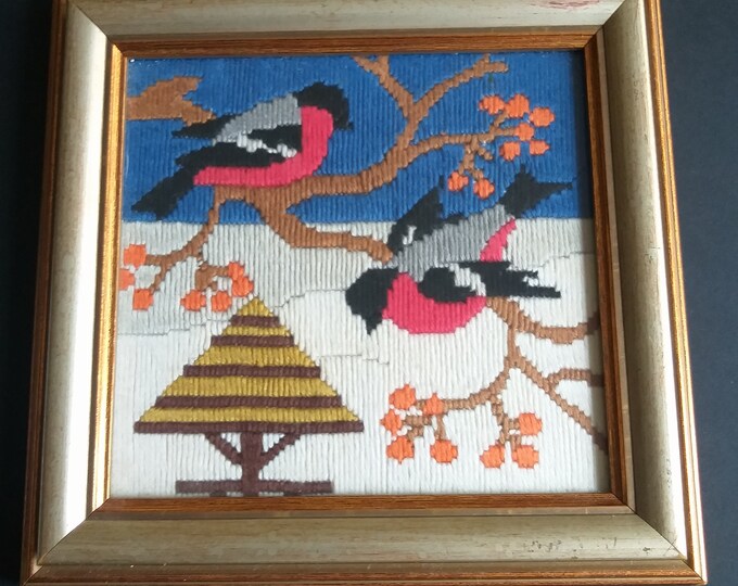 Vintage Swedish Framed Wall Decor with Embroidered, Red-breasted Birds in Winter. Handmade. Bright Colours. Lovely Home Decor from Sweden.
