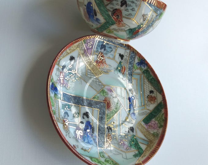 Vintage Japanese  Porcelain Teacup and Saucer Geisha Set. Eggshell Cup. Hand painted. Lots of Colours and Gold Lines. Made in Japan. Marked.