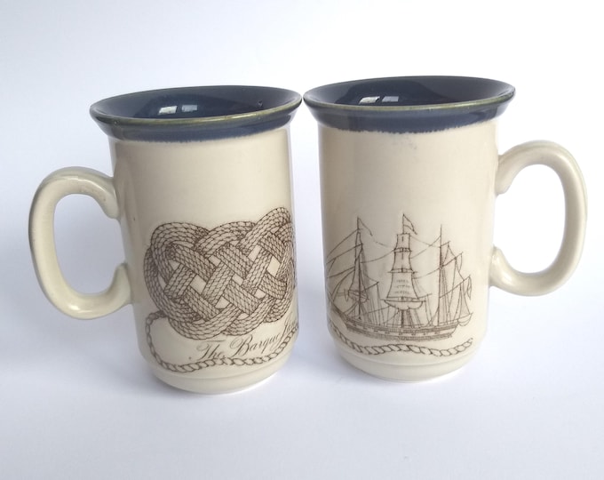 Churchill England. Set of Two Wonderful Ceramic Mugs. Nautical Theme. A sailing Ship and a Sailor's Knot are depicted on a Beige Tone Base.