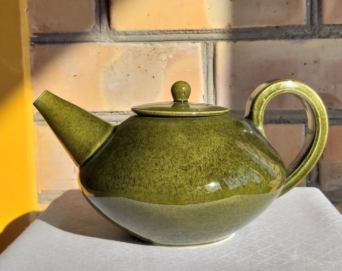 Swedish Ceramic Tea Pot in Mid Century Modern Style. Beautiful Green Glaze. Iconic Shape. Hand Made in Sweden. Marked. Scandinavian Design.