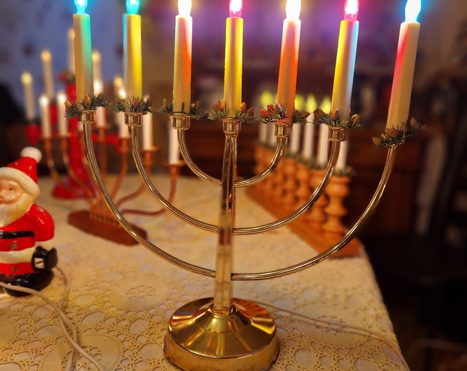 Swedish Metal Christmas Candleholder for Seven Electric Lights in Candle Shape. Brass Colour. Scandinavian Home Decoration. Made in Sweden.