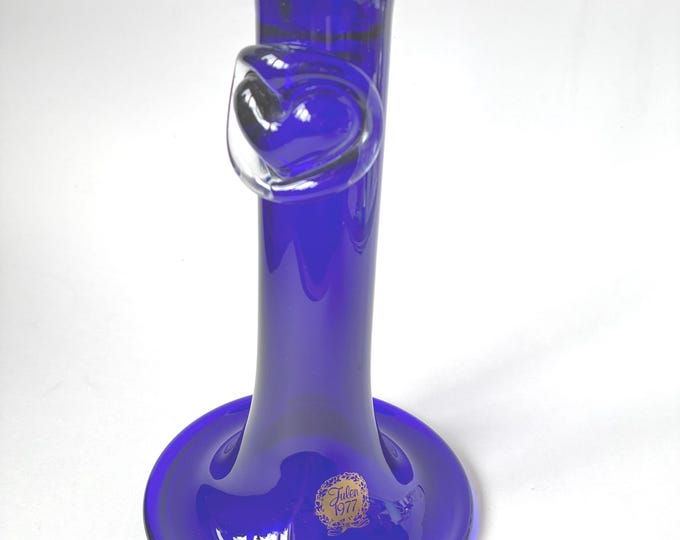 Holmegaard Denmark Cobalt Blue Glass Candlestick Holder with Heart Decor and Marking Julen 1977. Hand Blown Danish Art Glass.