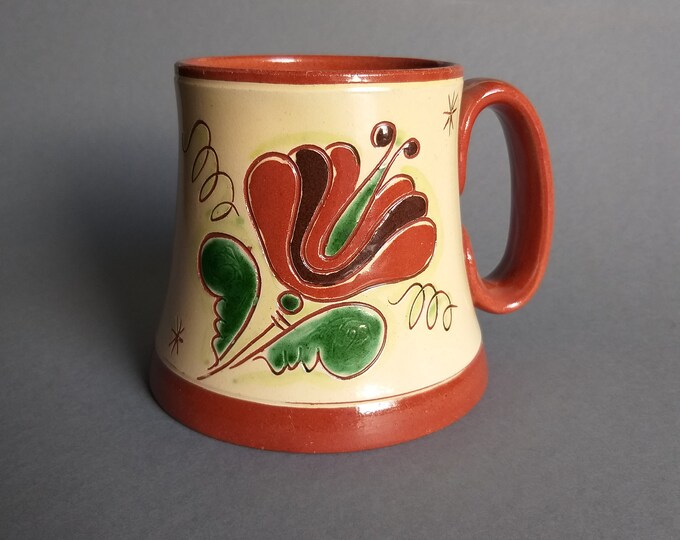 Large Swedish Ceramic Mug with Handle. Studio Pottery. Swedish Folk Style Painting - Stylized Flower. Vintage Hand Made Rustic Ceramic Cup.