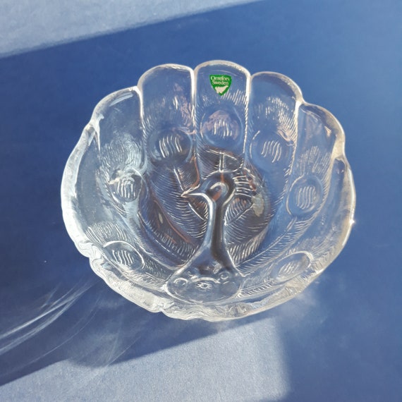 Orrefors Sweden. Peacock Crystal Glass Bowl Dish. Design Lars
