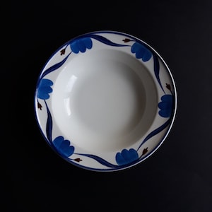 Vintage Gustavsberg Sweden Soup Plate or Salad Bowl in Pattern Liljablå. Blue Floral Decor around the Edge. Design by M. Hennix. Marked.