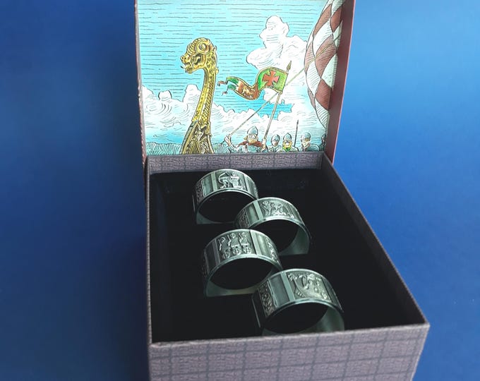 Vintage Konge Tinn Royal Norway Pewter Napkin Ring Set of 4. Nordic Heilag Olav Napkin Ring Set. New in Original Box. A great Gift.