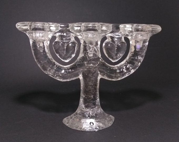 Pukeberg Sweden. Vintage Three Arm Crystal Glass Candelabra with Hart Motive. Beautiful Design by Staffan Gellerstedt. Swedish Art Glass.