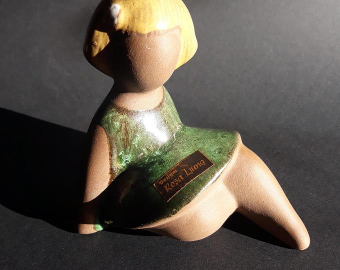 Rosa Ljung Sweden Ceramic Figurine. Sitting Blonde Girl in Nice Green Red Dress. Handmade. Vintage Northern Charm. Scandinavian Pottery.