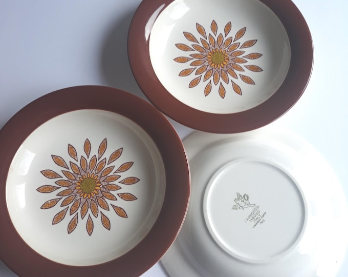 Pagnossin Treviso Terraglia Forte 7611 Soup Plate in Milky White Colour with Rusty Brown Edge. Floral Motif in the Center. Made in Italy.