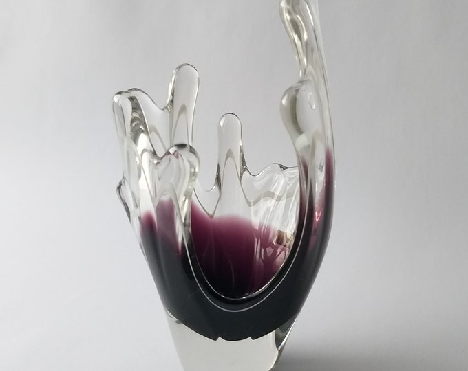 Konstglas Vetlanda Sweden. Mid Century Studio Abstract Freeform Glass Sculpture. Deep Purple Colour. Sommerso. Scandinavian Art Glass.